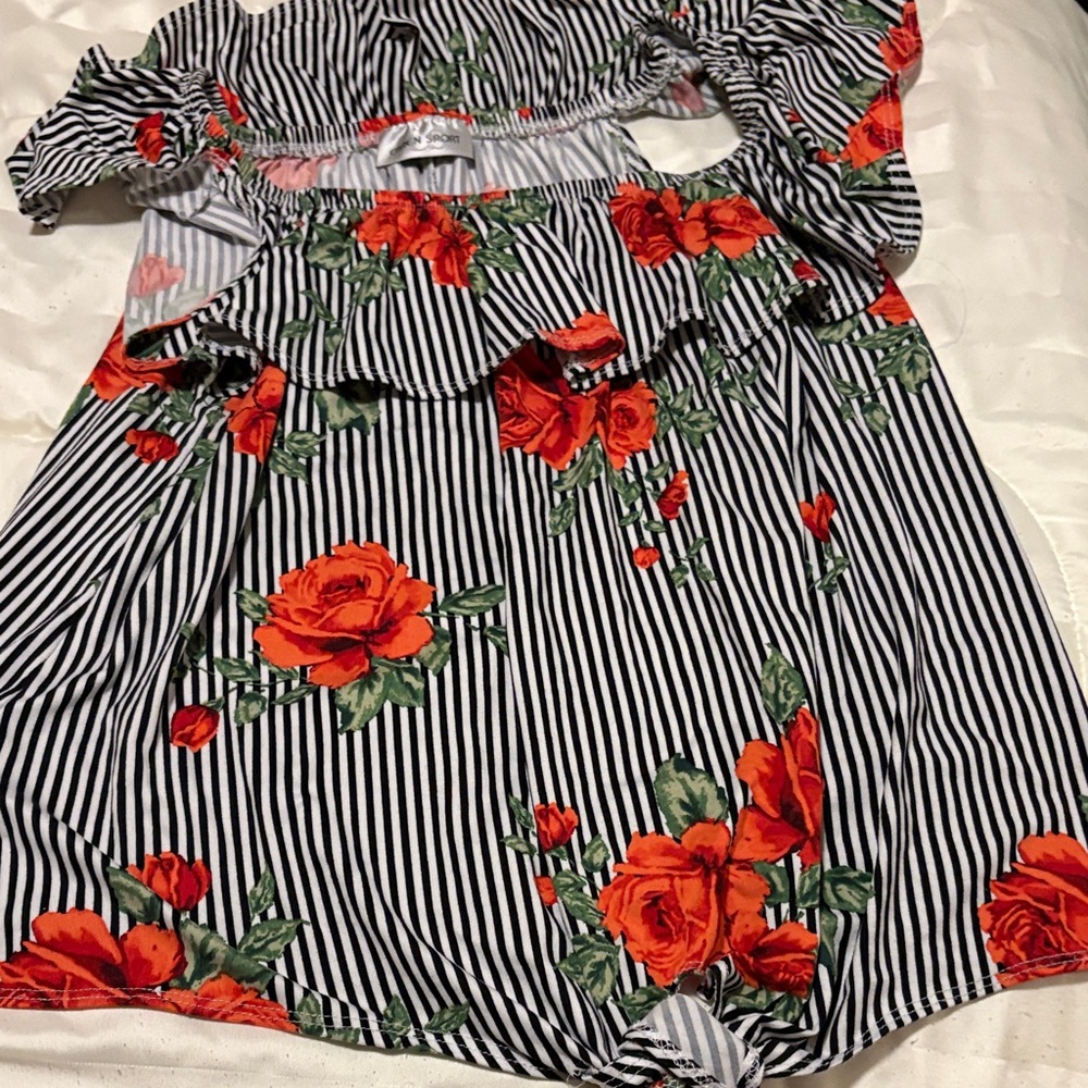 Caren Sport Black and White Striped Blouse with Orange Floral Design